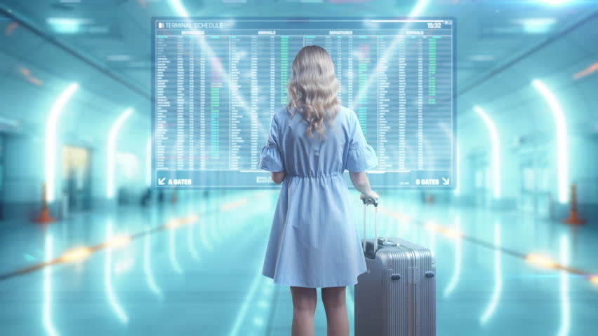 Woman traveler looking at holographic departure board, weather flight delay
