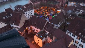 Basel Christmas Market Aerial Shot. Illuminated Basler Weihnachtsmarkt in the evening Twilights at Winter in Switzerland - Powered by Shutterstock - Get 15% off with code: PIKWIZARD15