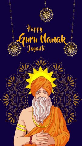 Happy Guru Nanak Jayanti greeting card with an illustration of Guru Nanak Dev Ji in an orange turban and robe on purple background with golden mandala pattern vertical video