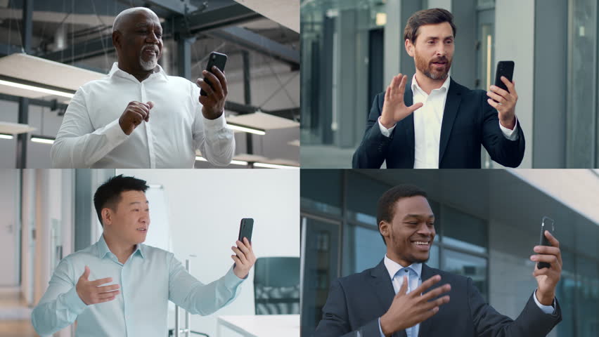 Professionals engaged in remote video communication during a business conference