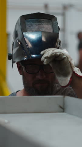 Professional welder working on metal structure in factory