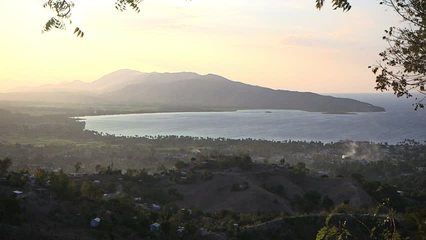 Petit-Goâve, Haiti - February 25 2019 - Panoramic view of the bald mountains at sunset, Petit-Goâve Bay