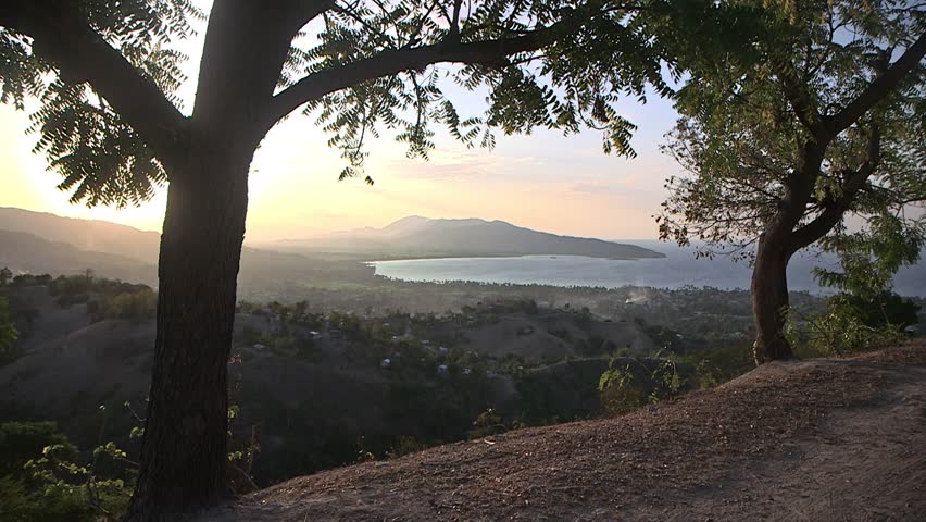 Petit-Goâve, Haiti - February 25 2019 - Panoramic view of the bald mountains at sunset, Petit-Goâve Bay