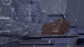 Man writing in notebook activating digital data network overlay while writing for business planning. Innovation, analytics, productivity, technology, professionalism, focus, communication - Powered by Shutterstock - Get 15% off with code: PIKWIZARD15