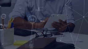 tech professional tapping tablet screen and activating network graph with nodes for data analysis. Technology, innovation, connectivity, digital, analytics, workspace, futuristic - Powered by Shutterstock - Get 15% off with code: PIKWIZARD15