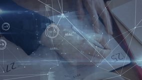 Woman opening planner page 25 writing notes, causing data overlay for business planning. Productivity, innovation, digitalization, organization, focus, workspace, technology - Powered by Shutterstock - Get 15% off with code: PIKWIZARD15