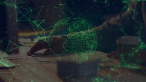 Hands lifting document from wooden desk, spinning globe hologram syncing with man analyzing data. Futuristic, technology, data, analytics, office, innovation, digital - Powered by Shutterstock - Get 15% off with code: PIKWIZARD15