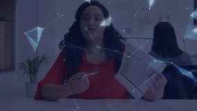 woman explaining tech data from paper, sparking network nodes forming rotating holographic globe. Innovation, technology, collaboration, digital, futuristic, workflow, workspace - Powered by Shutterstock - Get 15% off with code: PIKWIZARD15