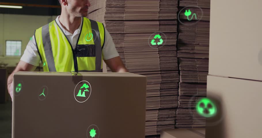Warehouse worker lifting cardboard box and stacking causing floating green icons for sustainability. Industrial, logistics, recycling, eco-friendly, efficiency, packaging, manual labor