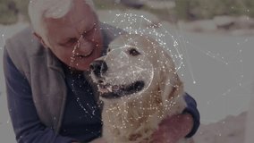 Senior man cradling golden retriever initiating tech network visualizing bond enveloping dog's face. Senior, companionship, affection, outdoor, digital, connection, serenity - Powered by Shutterstock - Get 15% off with code: PIKWIZARD15