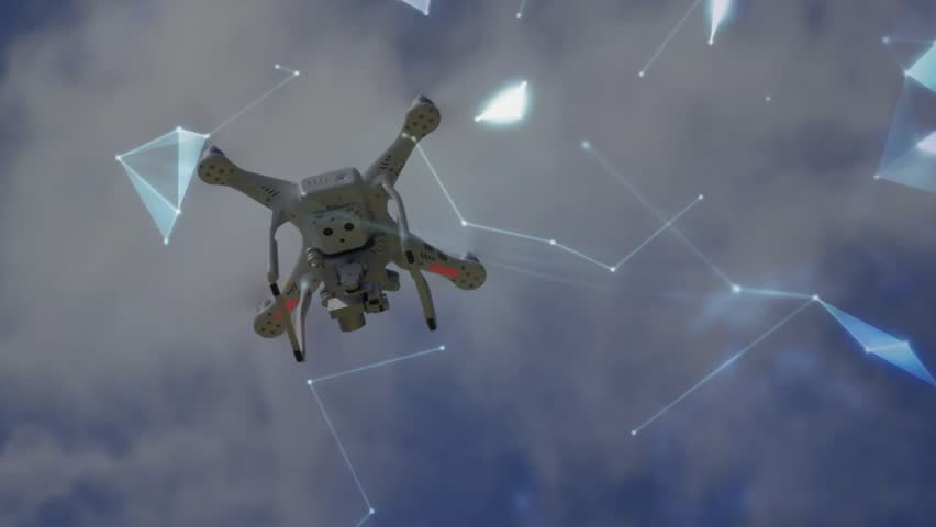 Entering sky drone hovering data nodes morphing globe descending above palm showing connectivity. Technology, innovation, connectivity, futurism, digital, aerospace, data visualization