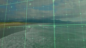 Camera moving while green grid overlay staying fixed over shoreline mountains showing mapping. Aerial, landscape, navigation, digital, technology, scenic, exploration - Powered by Shutterstock - Get 15% off with code: PIKWIZARD15