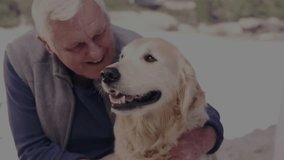 Senior man leaning into golden retriever petting as blue light trails swirling showing bond in ads. Affection, companionship, harmony, serenity, outdoor, bond, tranquility - Powered by Shutterstock - Get 15% off with code: PIKWIZARD15