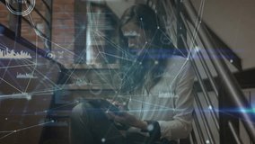 Woman tapping smartphone and analyzing tech data while network nodes pulsing and waveforms growing. Technology, data visualization, innovation, modern, digital, connectivity, analytical - Powered by Shutterstock - Get 15% off with code: PIKWIZARD15