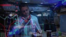 Man studying financial chart overlay on phone then tapping peak and calling to refresh data. Business, technology, data, analysis, modern, professional, finance - Powered by Shutterstock - Get 15% off with code: PIKWIZARD15