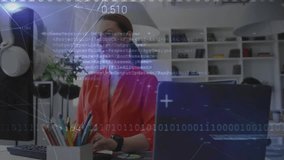 Mid adult woman powering on workstation while animated binary code streaming during tech analysis. Futuristic, technology, data visualization, innovation, professional, sleek, digital - Powered by Shutterstock - Get 15% off with code: PIKWIZARD15
