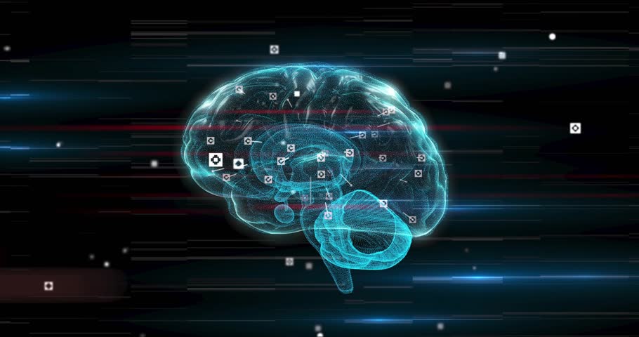 Dark void opening wireframe brain fading in, rotating and emitting data labels showing neural data. Futuristic, digital, neural, innovation, technology, data visualization, connectivity
