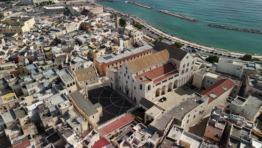 Aerial view of the Basilica of Saint Nicholas in Bari, Apulia, southern Italy. Romanesque church, historic landmark and famous pilgrimage site on the Adriatic coast