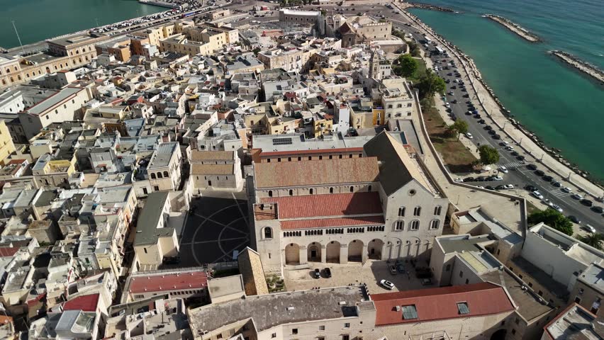 Aerial view of the Basilica of Saint Nicholas in Bari, Apulia, southern Italy. Romanesque church, historic landmark and famous pilgrimage site on the Adriatic coast