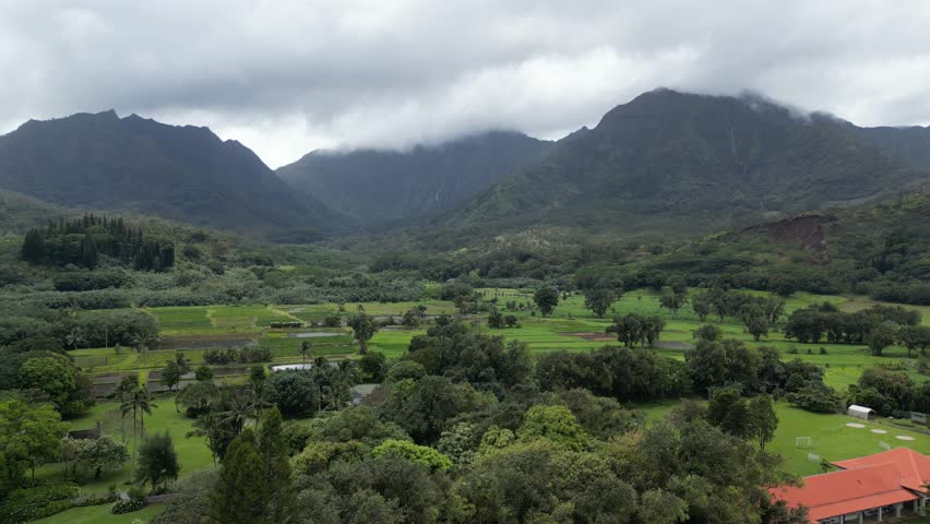 Kauai, Hawaii Hanalei Valley Mountain aerial video 