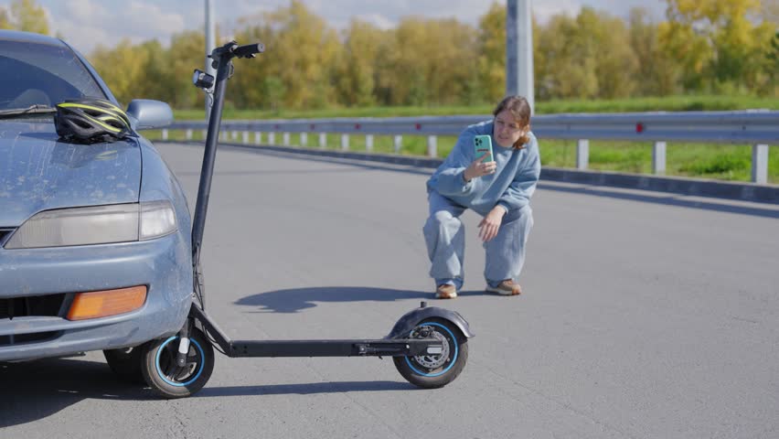 Woman examines and photographs the damage caused by a collision between an electric scooter and a car.
