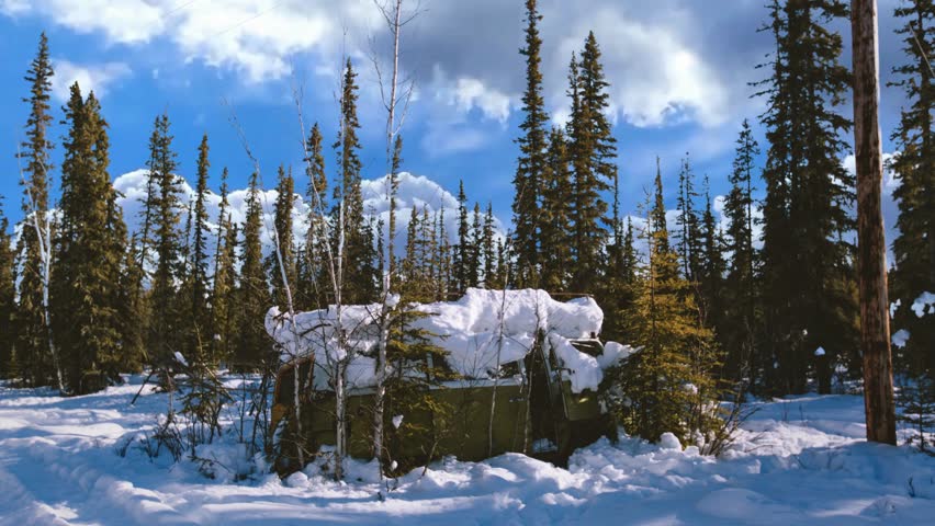 Winter snow covered shelter surrounded by trees under a blue sky with white clouds in a forest