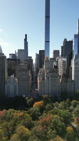 Drone footage showing New York skyline from Central Park during fall season.