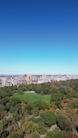 Drone orbit in reverse motion around Manhattan skyline with park views.