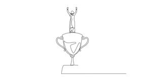 Animated self drawing of single one line drawing back view Arabian businesswoman stand above trophy. Business metaphor of success and appreciation. Celebrating business award. Full length animation - Powered by Shutterstock - Get 15% off with code: PIKWIZARD15
