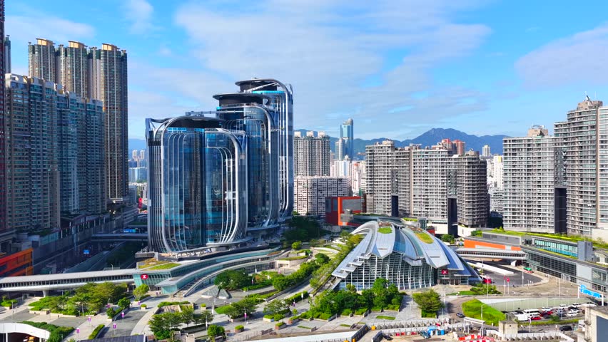Skyview of International Gateway Center, a commercial office building above West Kowloon Station Hong Kong high speed rail, near West Kowloon Cultural District and Tsim Sha Tsui