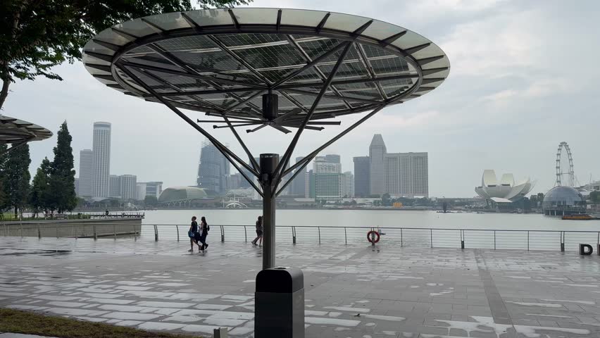 Singapore - Panorama of skyscrapers. Look of Marina Bay and Singapore River. View of hotels, financial buildings, Boat Quay, waterfront restaurants. Tourist landmark, tourist attraction