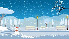 Cartoon Winter Park Landscape with Falling Snow and Snowman - Seamless Loop Background - Powered by Shutterstock - Get 15% off with code: PIKWIZARD15