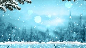 Winter Christmas Background with Snowy Wooden Table and Falling Bokeh Snowflakes - Powered by Shutterstock - Get 15% off with code: PIKWIZARD15