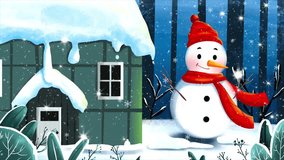 Cute Snowman and Snowy House Scene - Hand-Painted Winter Holiday Illustration Loop - Powered by Shutterstock - Get 15% off with code: PIKWIZARD15
