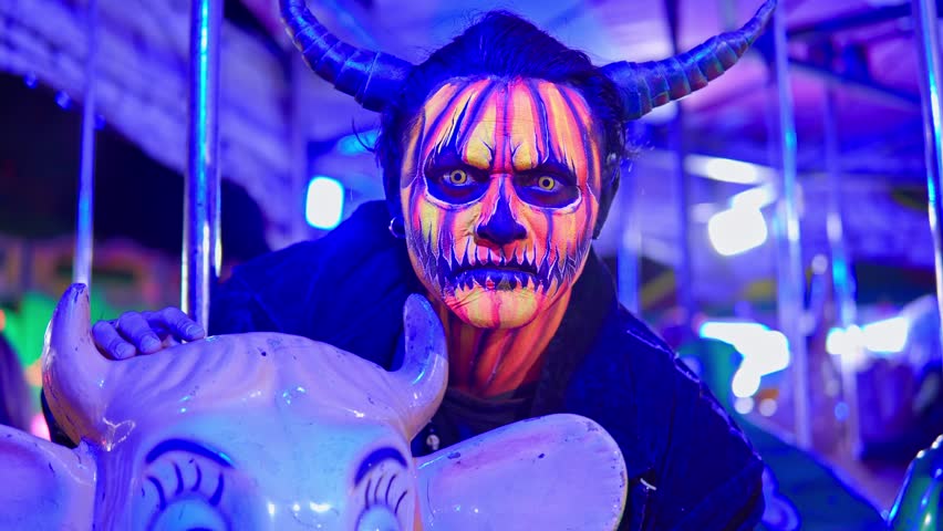Scary man with pumpkin makeup and devil horns staring at a carousel with flashing colored lights
