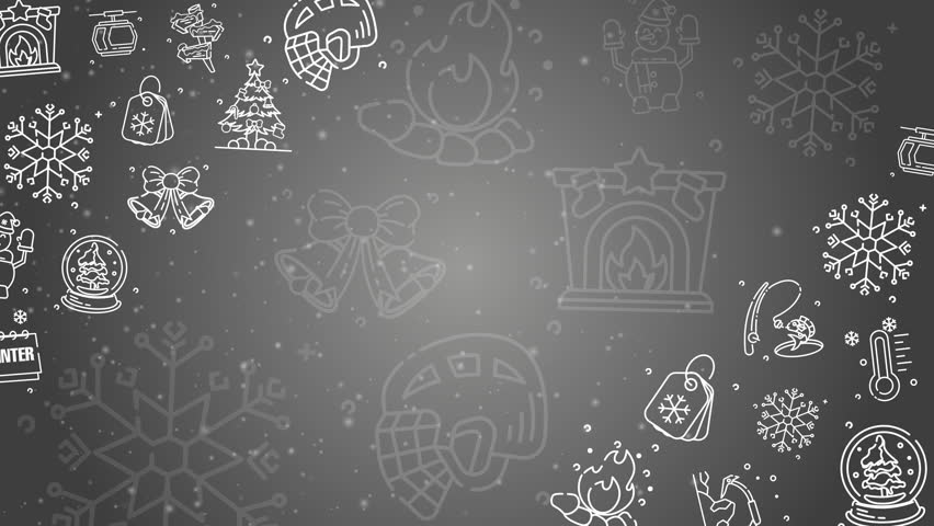 Doodle winter holiday icons line art seamless pattern on a dark background. Loop motion graphic.