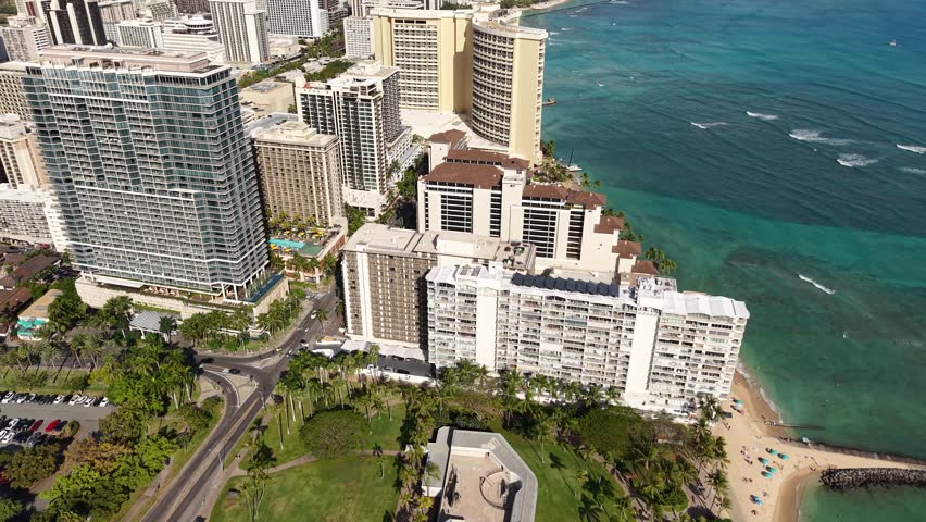 Aerial View of Honolulu, Hawaii USA, Buildings and Towers Along Waikiki Beach