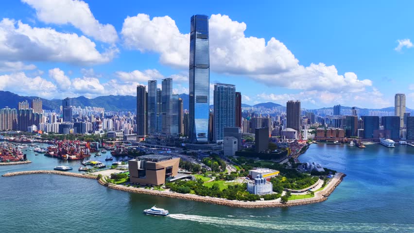 Aerial skyview of West Kowloon Cultural DistrictiHong Kong, a world class arts and cultural hub with Palace Museum performance venues green spaces waterfront promenade near High speed railway Station 