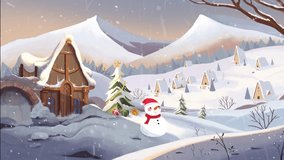 Cozy Winter Village Landscape in Snowy Mountains with Cabin and Snowman - Powered by Shutterstock - Get 15% off with code: PIKWIZARD15