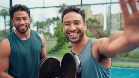 Fitness, face or men in tennis court with selfie, friends or digital memories of padel game. Happy, POV and athlete outdoor with racket, training support and moment capture for social media. - Powered by Shutterstock - Get 15% off with code: PIKWIZARD15