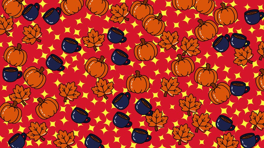 A vibrant and cheerful fall-themed pattern featuring pumpkins, autumn leaves, and dark berries scattered on a red background with small stars.