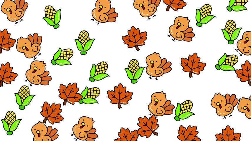 A cheerful Thanksgiving pattern featuring cartoon turkeys, corn, and autumn leaves, perfect for holiday backgrounds and designs.