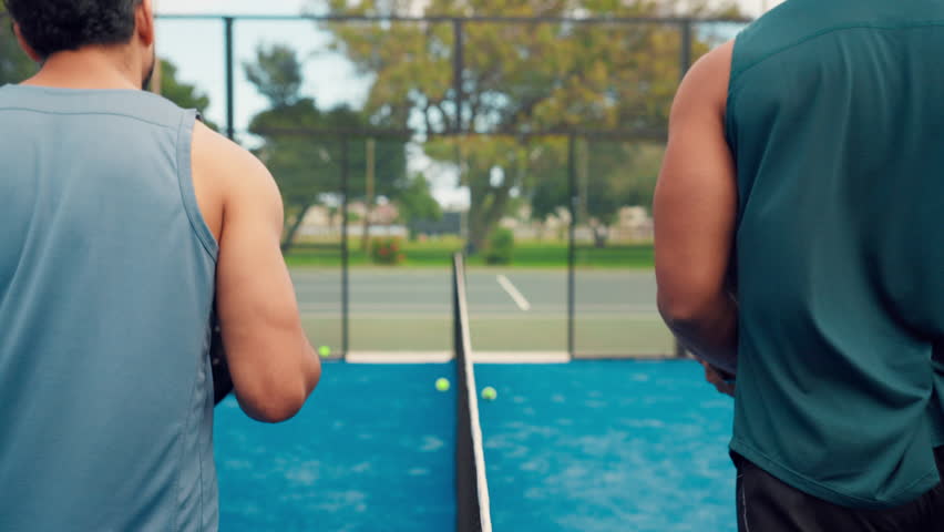 Fist bump, fitness and athletes with padel on tennis court for practice, match or workout together. Happy, sports and team of people with celebration for support in game, training or exercise outdoor