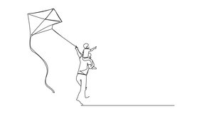 Self drawing animation of single continuous line drawing back view daddy gives happy boy son piggyback ride flying kite outdoors. Father carry son on shoulders and fly kite. Full length animated - Powered by Shutterstock - Get 15% off with code: PIKWIZARD15