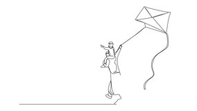 Self drawing animation of continuous one line drawing back view Arabian daddy gives happy boy son piggyback ride flying kite outdoors. Father carry son on shoulders and fly kite. Full length animated - Powered by Shutterstock - Get 15% off with code: PIKWIZARD15