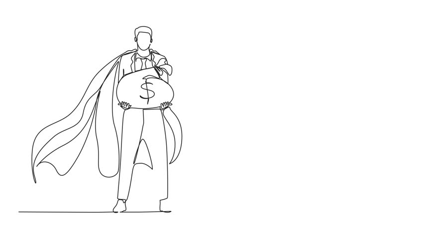 Animated self drawing of single continuous line drawing gigantic profits of financial success. Super businessman hero with a bag of money. Business metaphor concept. Full length animation