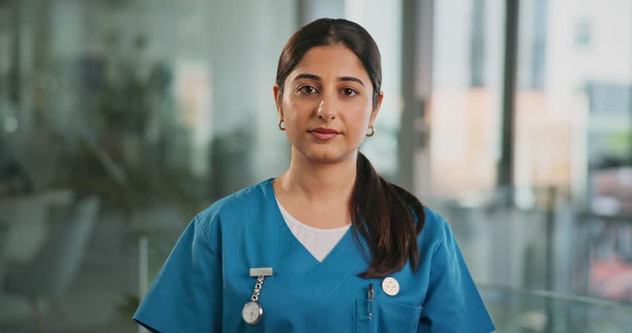 Happy, nurse and face of woman in hospital for healthcare, about us and pride. Smile, medical professional and physician with portrait of person in clinic for wellness advisor and confidence