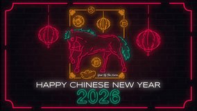 4K looping neon animation for Chinese New Year 2026, Year of the Horse. Features glowing horse, lanterns, coins, and bright neon framing. Ideal for greetings, ads, event screens, and digital displays. - Powered by Shutterstock - Get 15% off with code: PIKWIZARD15