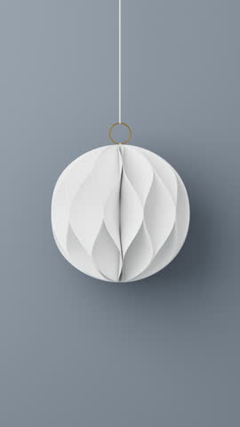 3D render of light Christmas paper ball on light grey background, Merry Christmas vertical animation