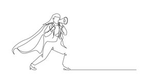 Animation of single one line drawing young superhero speaking in megaphone. Superhero in cape, happy businesswoman holding megaphone, successful team leader. Full length motion - Powered by Shutterstock - Get 15% off with code: PIKWIZARD15
